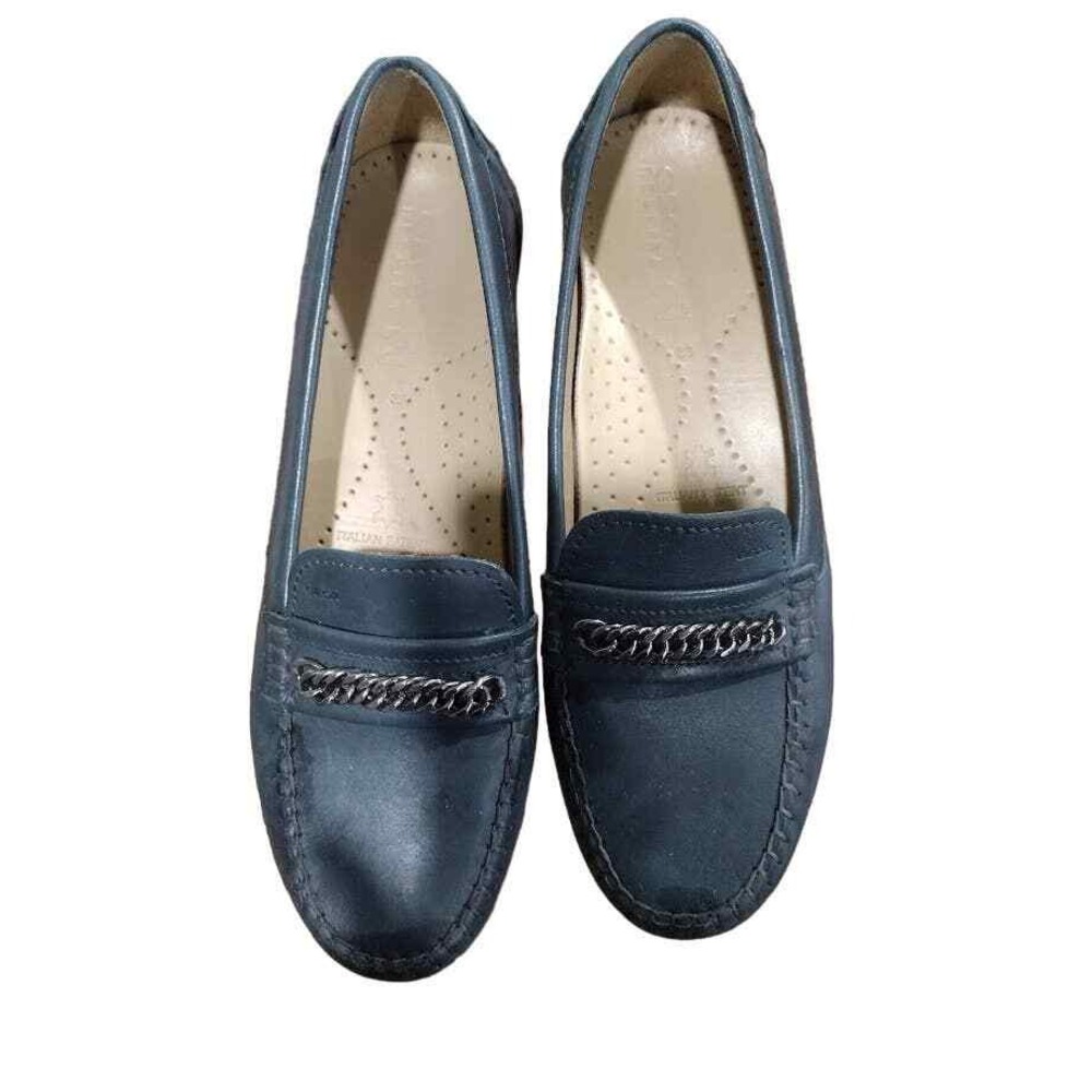 Geox Respira Leather Loafers with Chain Detail, Blue,‎ Size 7.5